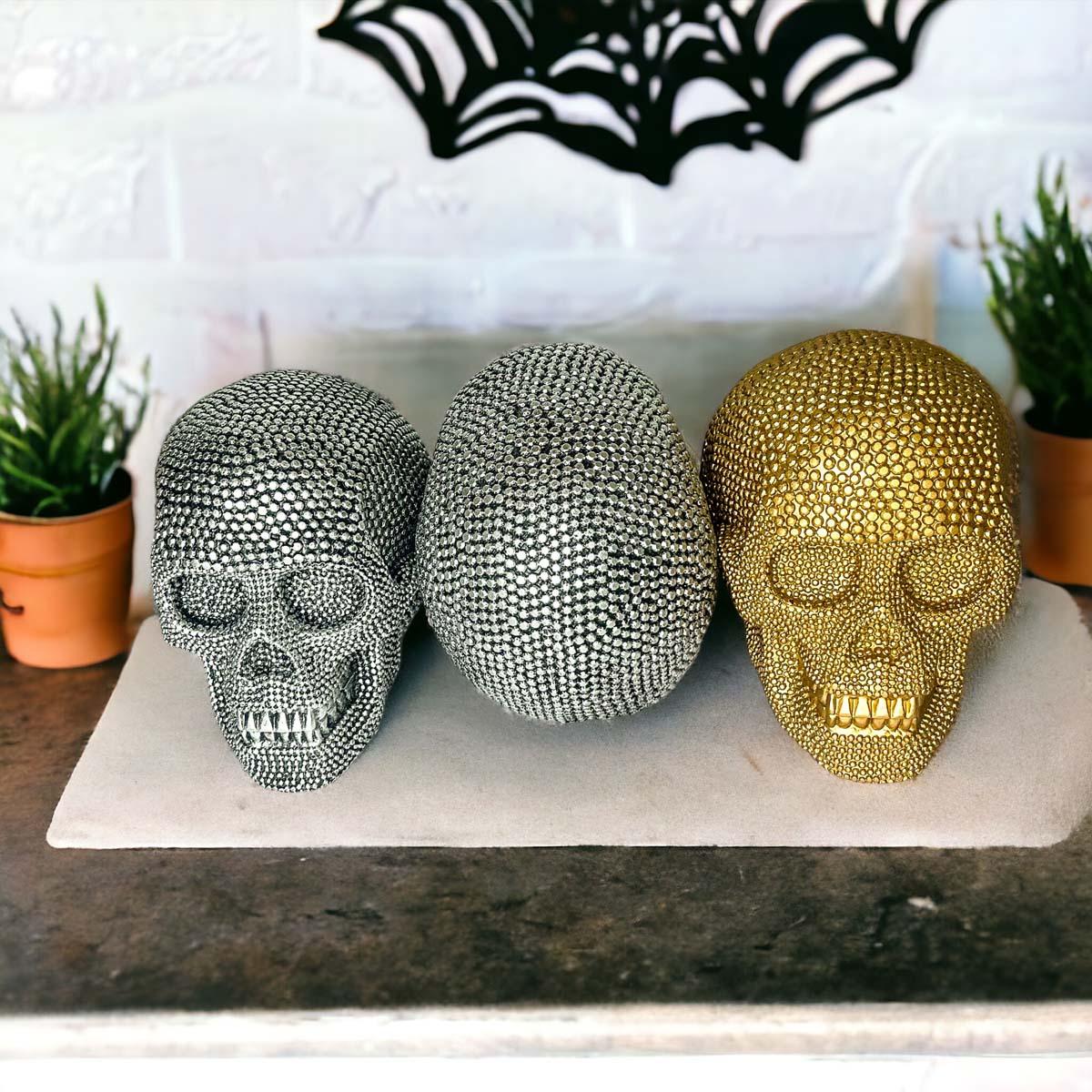 Resin Beaded Skull Decor Silver Skeleton Head Handmade Rustic Bookend Centerpiece Halloween