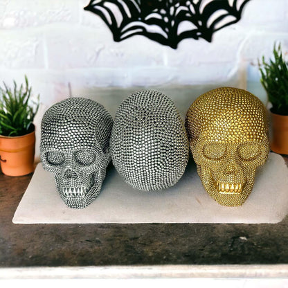 Resin Beaded Skull Decor Silver Skeleton Head Handmade Rustic Bookend Centerpiece Halloween