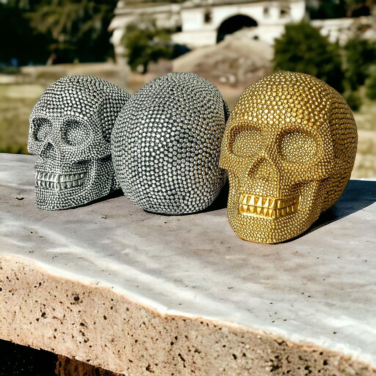 Resin Beaded Skull Decor Silver Skeleton Head Handmade Rustic Bookend Centerpiece Halloween