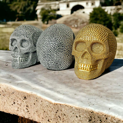 Resin Beaded Skull Decor Silver Skeleton Head Handmade Rustic Bookend Centerpiece Halloween