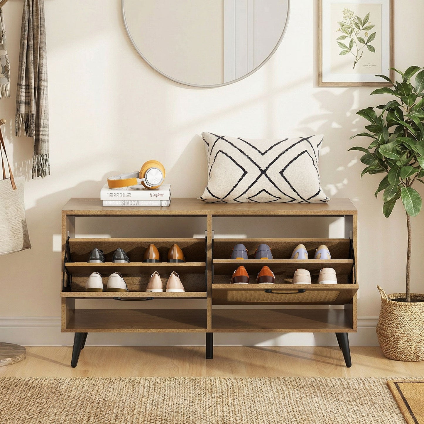 Modern Freestanding Shoe Cabinet with 2 Flip Drawers and Adjustable Shelves for Entryway-Natural