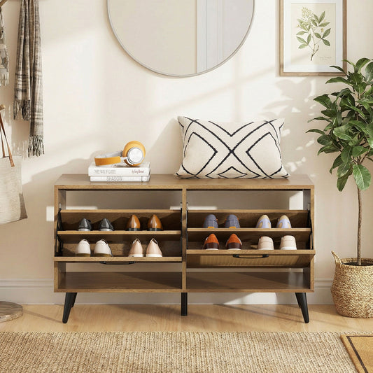 Modern Freestanding Shoe Cabinet with 2 Flip Drawers and Adjustable Shelves for Entryway-Natural