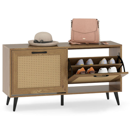 Modern Freestanding Shoe Cabinet with 2 Flip Drawers and Adjustable Shelves for Entryway-Natural
