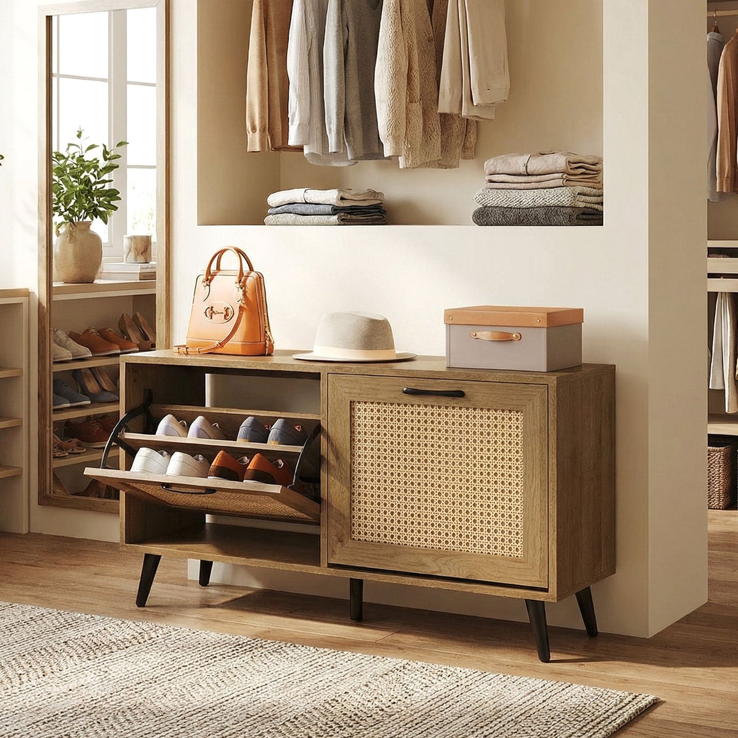 Modern Freestanding Shoe Cabinet with 2 Flip Drawers and Adjustable Shelves for Entryway-Natural