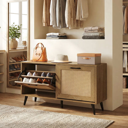 Modern Freestanding Shoe Cabinet with 2 Flip Drawers and Adjustable Shelves for Entryway-Natural