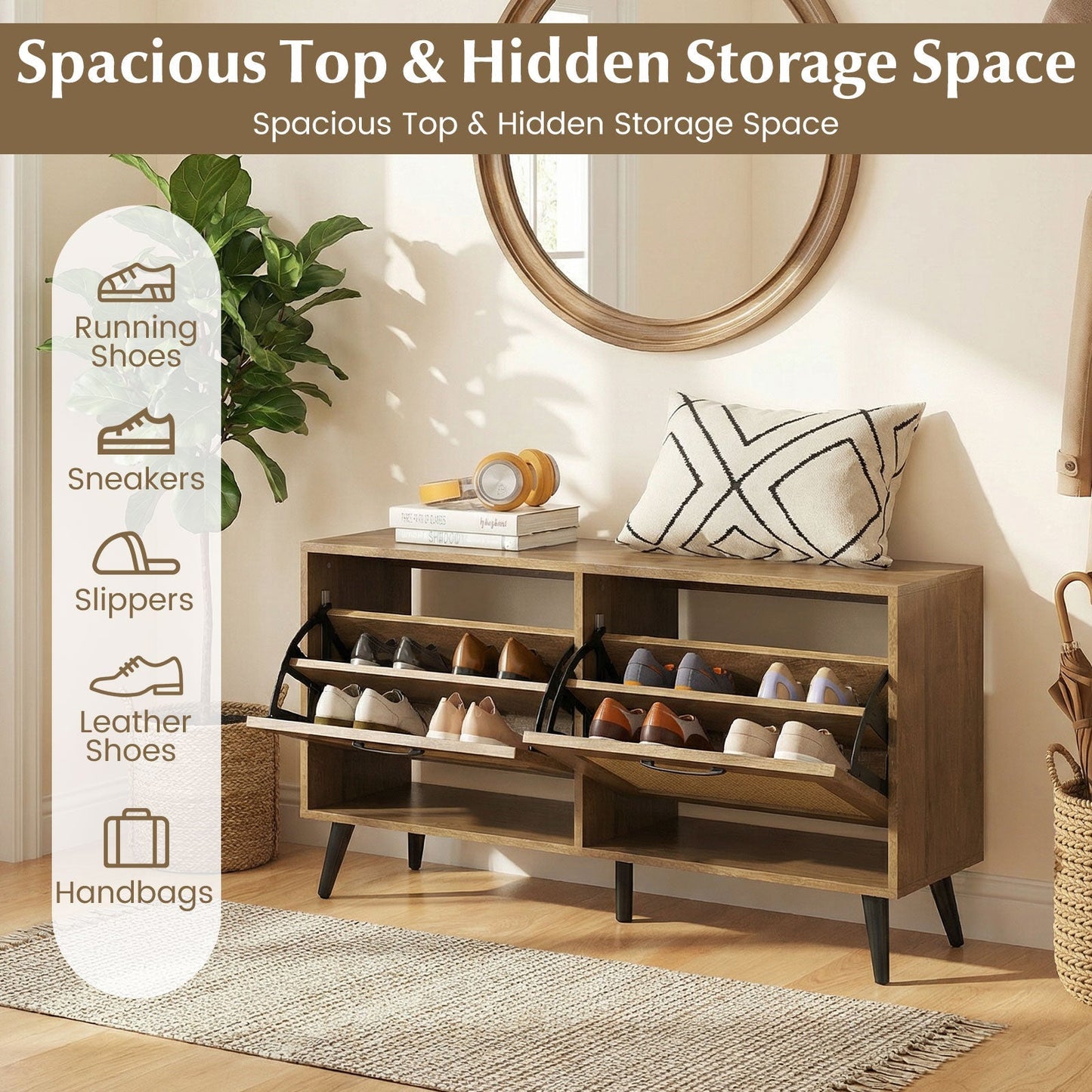 Modern Freestanding Shoe Cabinet with 2 Flip Drawers and Adjustable Shelves for Entryway-Natural