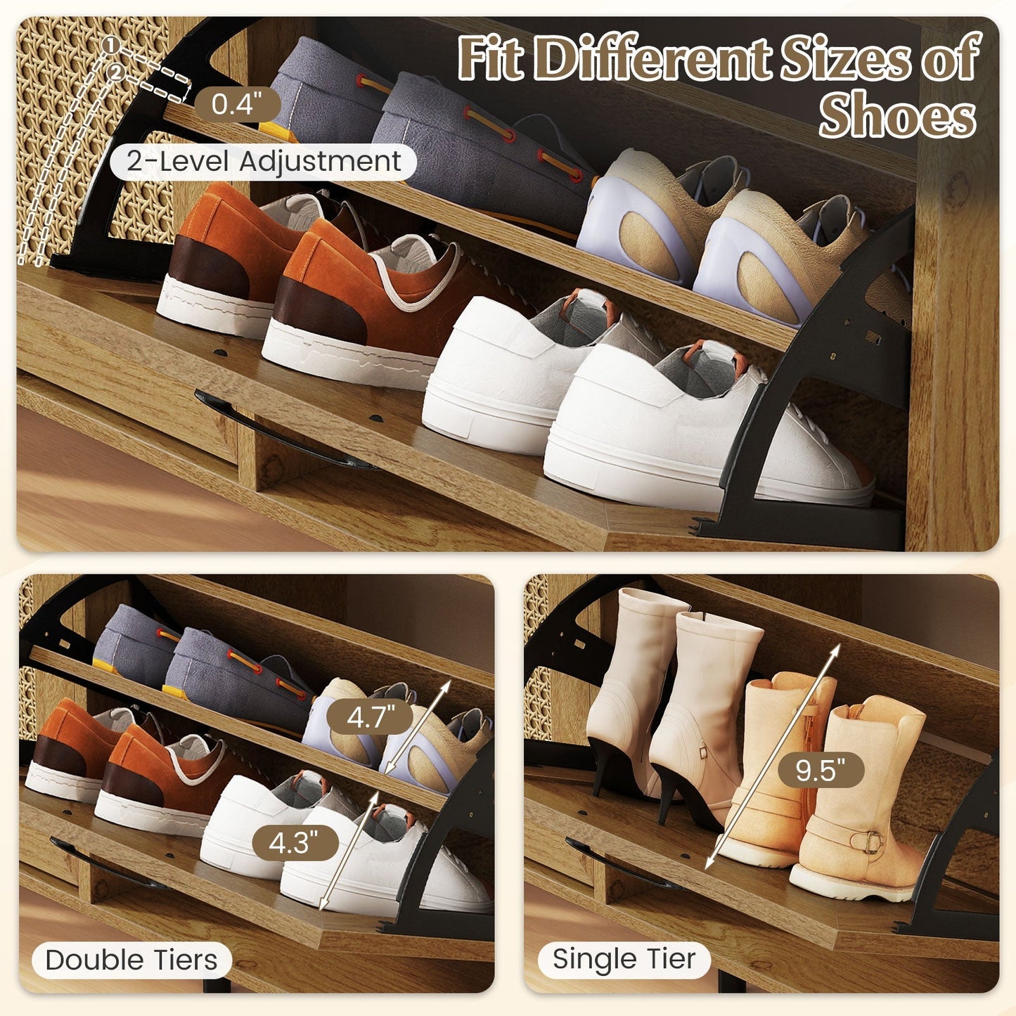 Modern Freestanding Shoe Cabinet with 2 Flip Drawers and Adjustable Shelves for Entryway-Natural