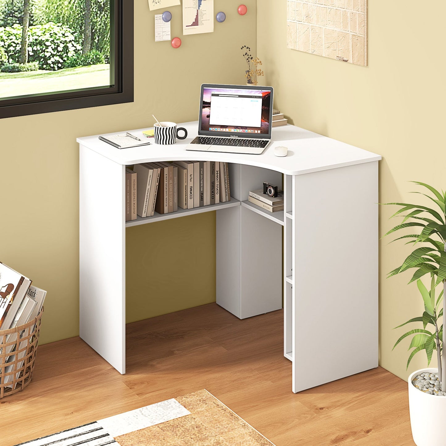Corner Computer Desk Triangle Home Office Desk with Adjustable Shelf and Arc-Shaped Profile