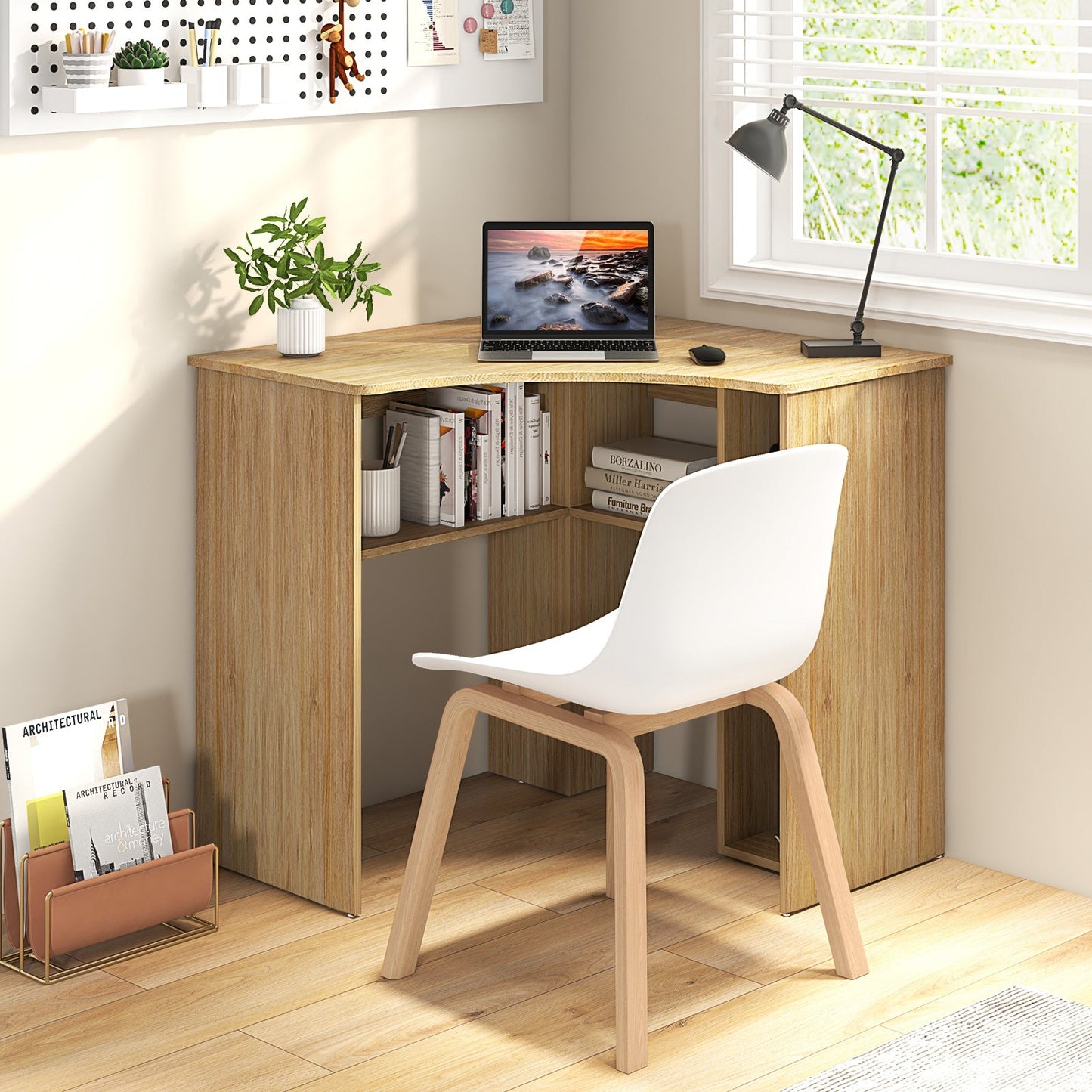 Corner Computer Desk Triangle Home Office Desk with Adjustable Shelf and Arc-Shaped Profile