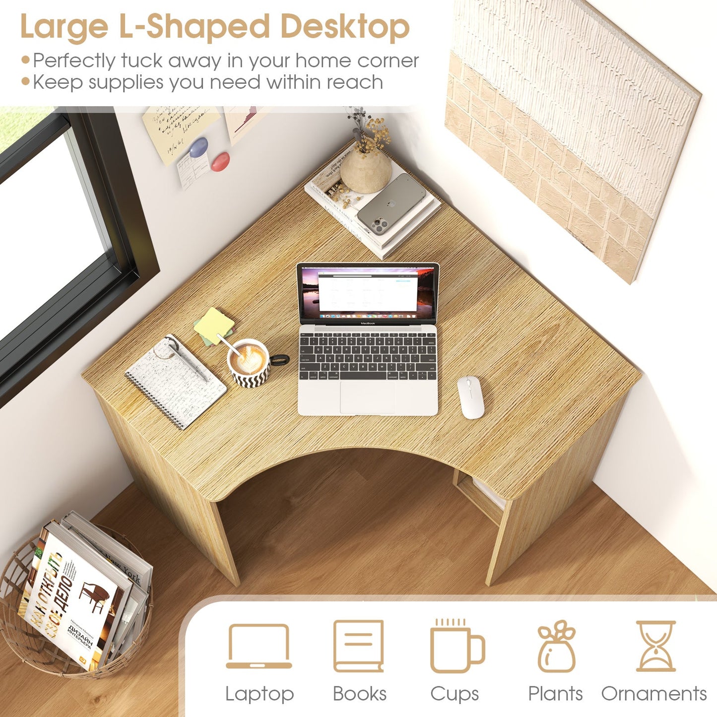 Corner Computer Desk Triangle Home Office Desk with Adjustable Shelf and Arc-Shaped Profile