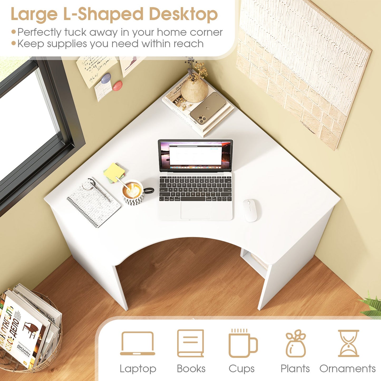 Corner Computer Desk Triangle Home Office Desk with Adjustable Shelf and Arc-Shaped Profile