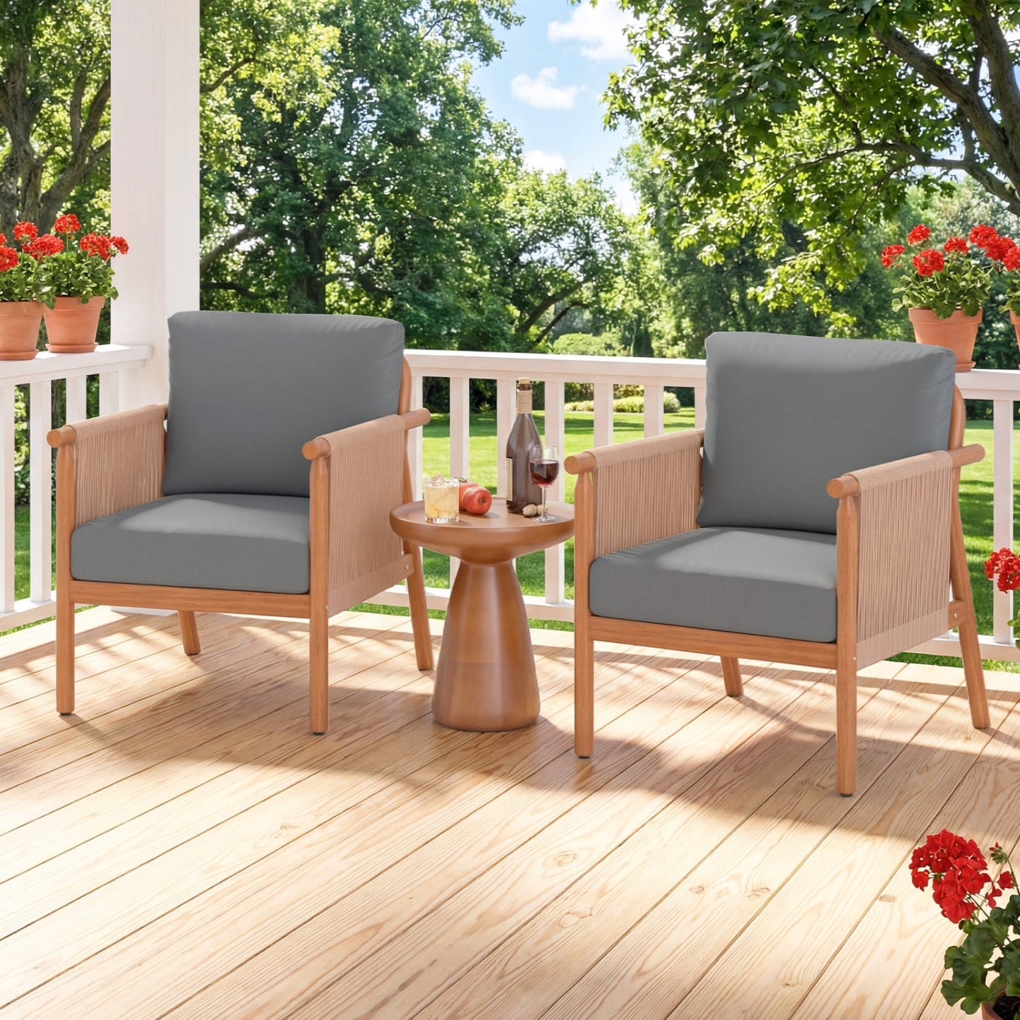 Patio Acacia Wood Chair Set of 2 with Woven Rope Armrests and Seat Back Cushions for Backyard