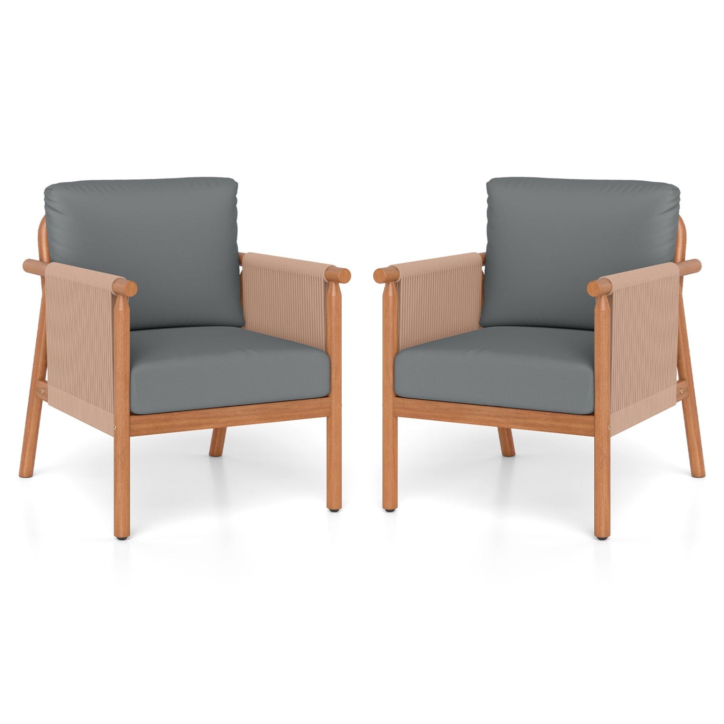 Patio Acacia Wood Chair Set of 2 with Woven Rope Armrests and Seat Back Cushions for Backyard