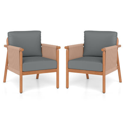 Patio Acacia Wood Chair Set of 2 with Woven Rope Armrests and Seat Back Cushions for Backyard