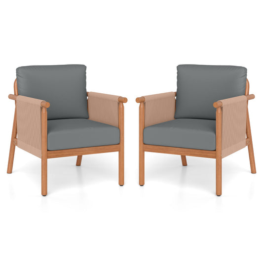 Patio Acacia Wood Chair Set of 2 with Woven Rope Armrests and Seat Back Cushions for Backyard