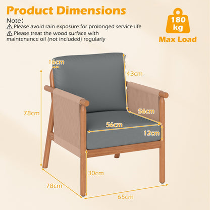 Patio Acacia Wood Chair Set of 2 with Woven Rope Armrests and Seat Back Cushions for Backyard