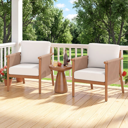 Patio Acacia Wood Chair Set of 2 with Woven Rope Armrests and Seat Back Cushions for Backyard