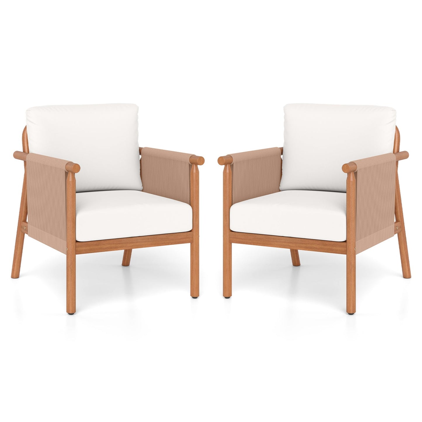 Patio Acacia Wood Chair Set of 2 with Woven Rope Armrests and Seat Back Cushions for Backyard