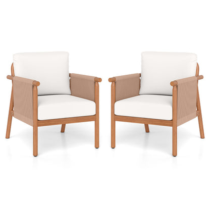 Patio Acacia Wood Chair Set of 2 with Woven Rope Armrests and Seat Back Cushions for Backyard