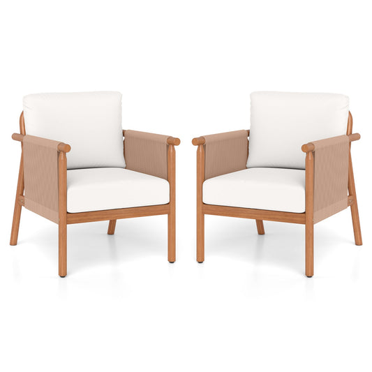 Patio Acacia Wood Chair Set of 2 with Woven Rope Armrests and Seat Back Cushions for Backyard