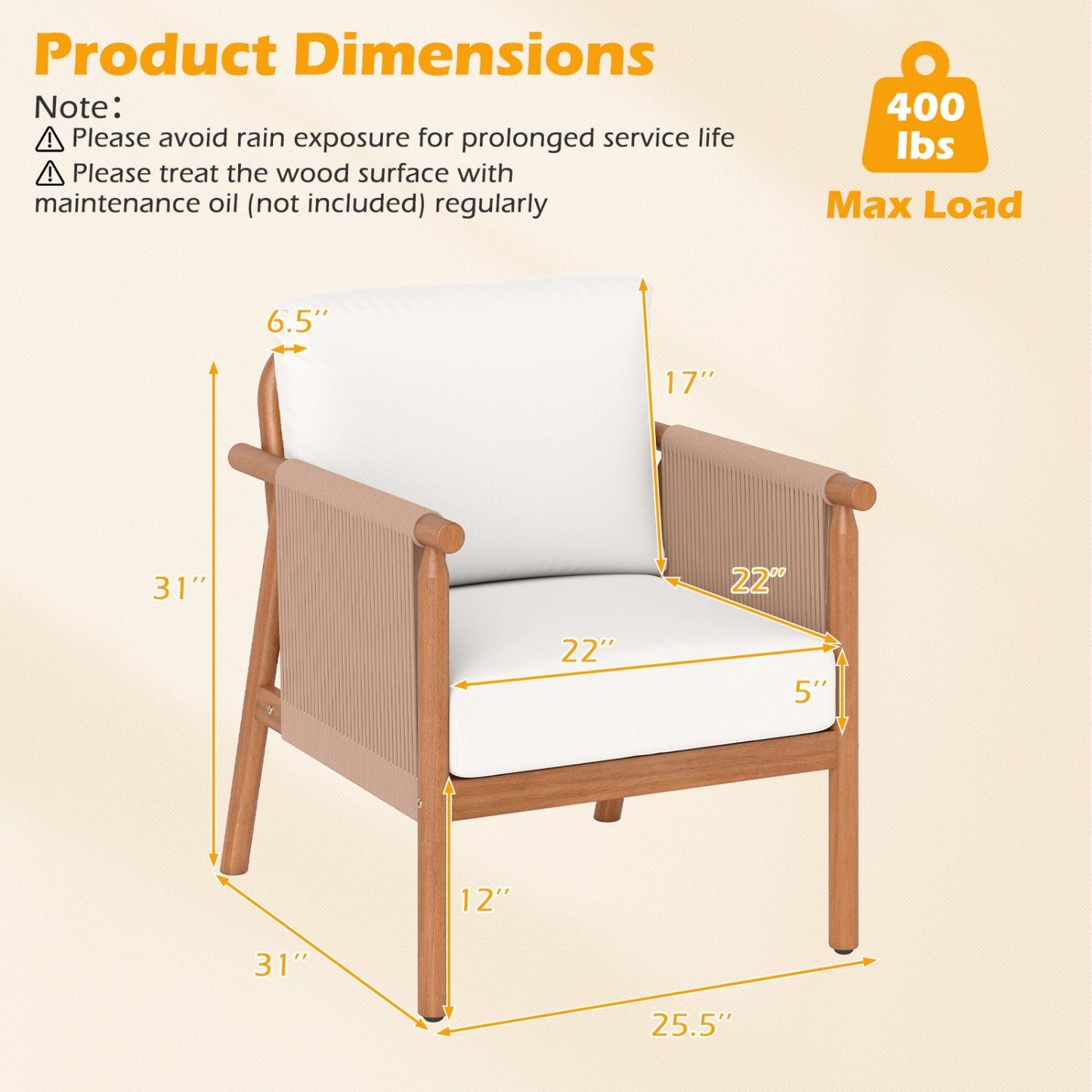 Patio Acacia Wood Chair Set of 2 with Woven Rope Armrests and Seat Back Cushions for Backyard