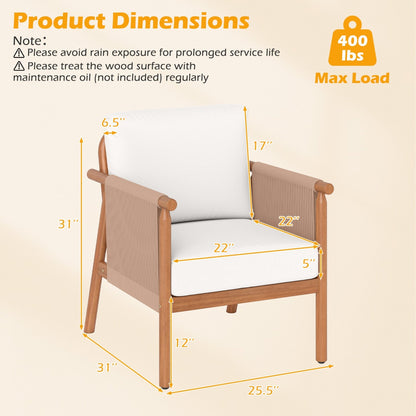 Patio Acacia Wood Chair Set of 2 with Woven Rope Armrests and Seat Back Cushions for Backyard