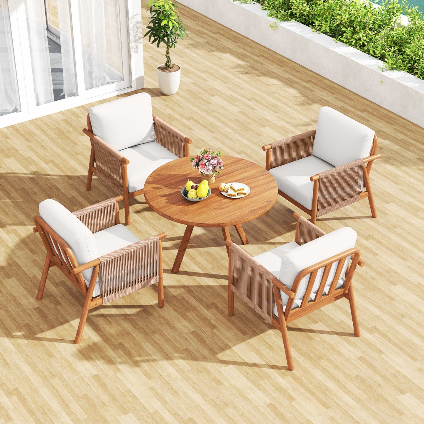 Patio Acacia Wood Chair Set of 2 with Woven Rope Armrests and Seat Back Cushions for Backyard