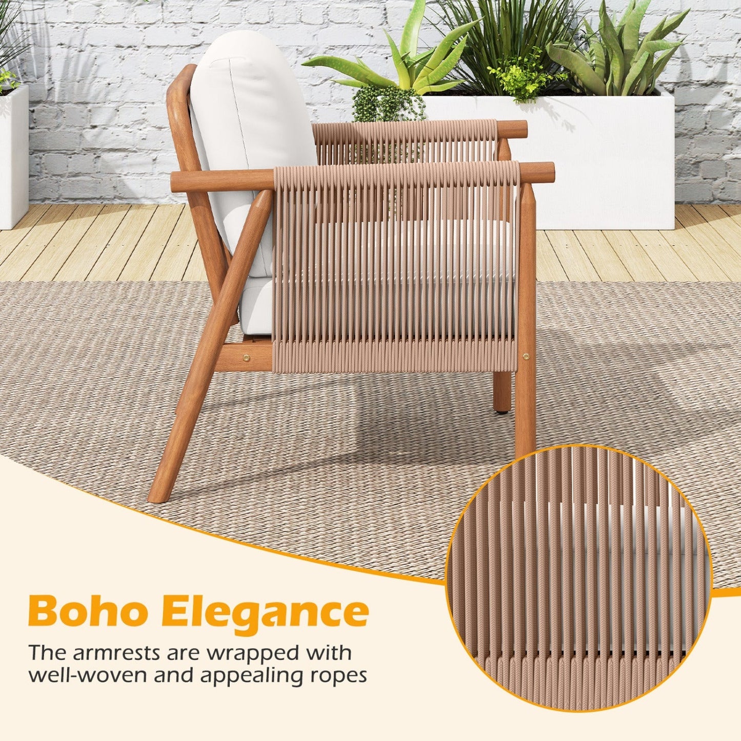 Patio Acacia Wood Chair Set of 2 with Woven Rope Armrests and Seat Back Cushions for Backyard