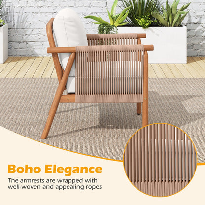 Patio Acacia Wood Chair Set of 2 with Woven Rope Armrests and Seat Back Cushions for Backyard