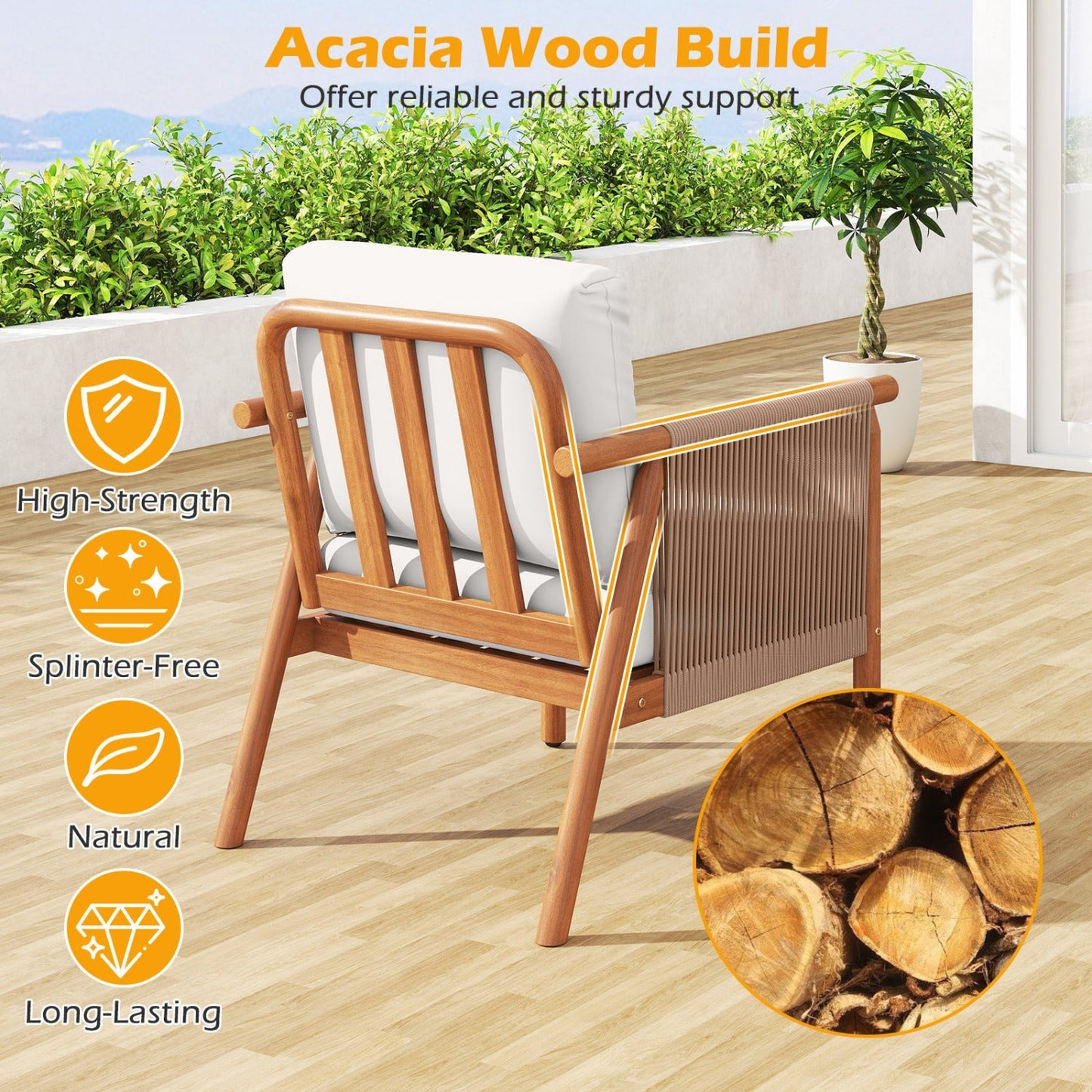 Patio Acacia Wood Chair Set of 2 with Woven Rope Armrests and Seat Back Cushions for Backyard