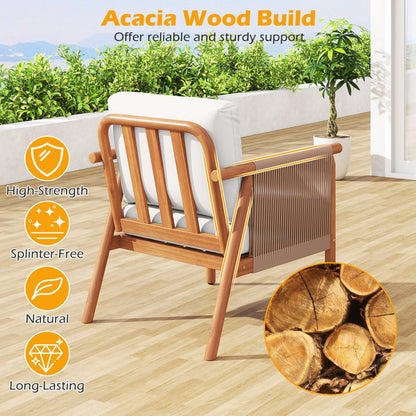 Patio Acacia Wood Chair Set of 2 with Woven Rope Armrests and Seat Back Cushions for Backyard