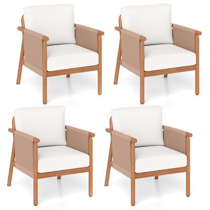 Patio Acacia Wood Chair Set of 4 with Woven Rope Armrests and Seat Back Cushions for Backyard