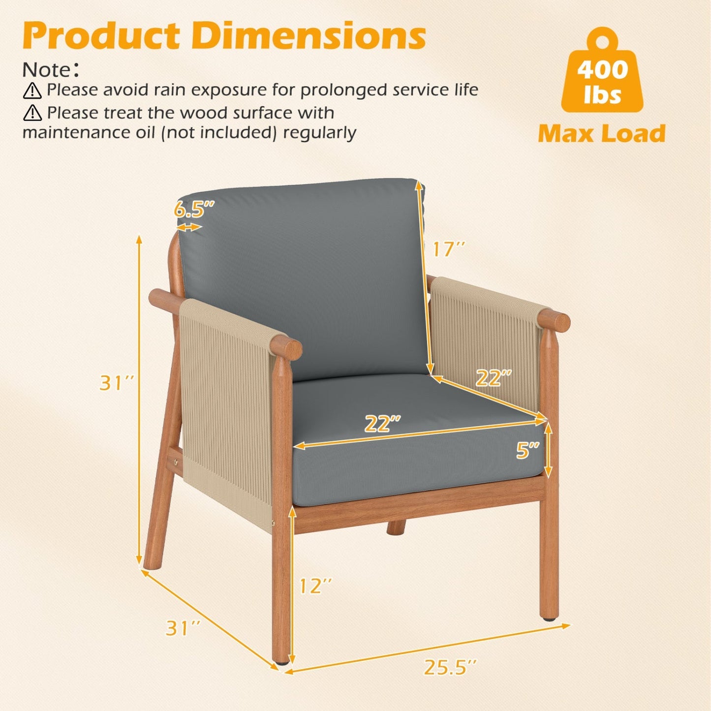Patio Acacia Wood Chair with Woven Rope Armrests and Seat Back Cushions for Backyard
