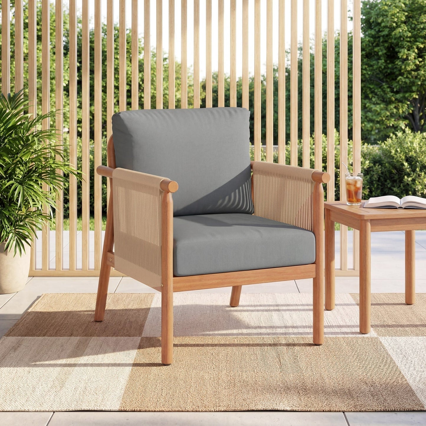 Patio Acacia Wood Chair with Woven Rope Armrests and Seat Back Cushions for Backyard