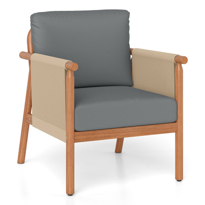 Patio Acacia Wood Chair with Woven Rope Armrests and Seat Back Cushions for Backyard
