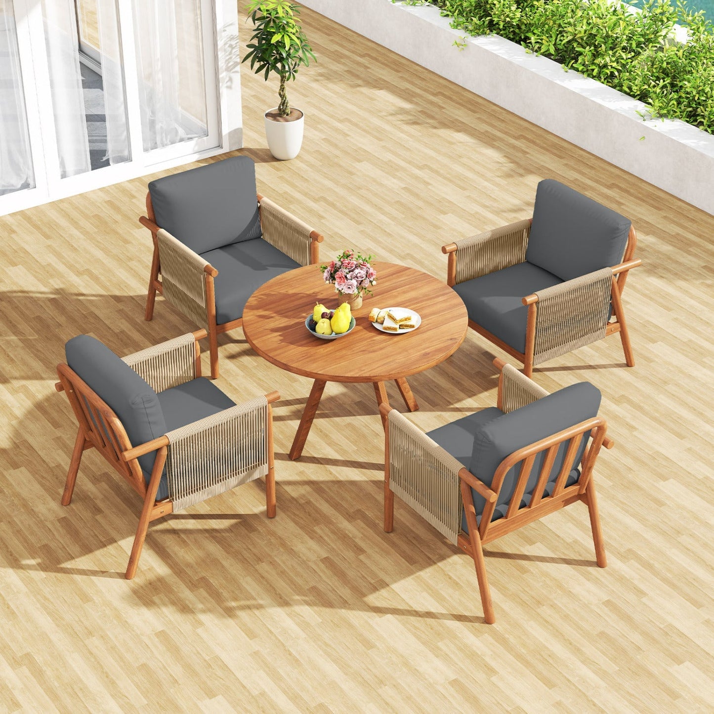 Patio Acacia Wood Chair with Woven Rope Armrests and Seat Back Cushions for Backyard