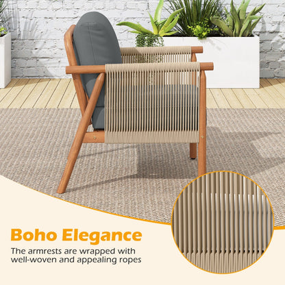 Patio Acacia Wood Chair with Woven Rope Armrests and Seat Back Cushions for Backyard