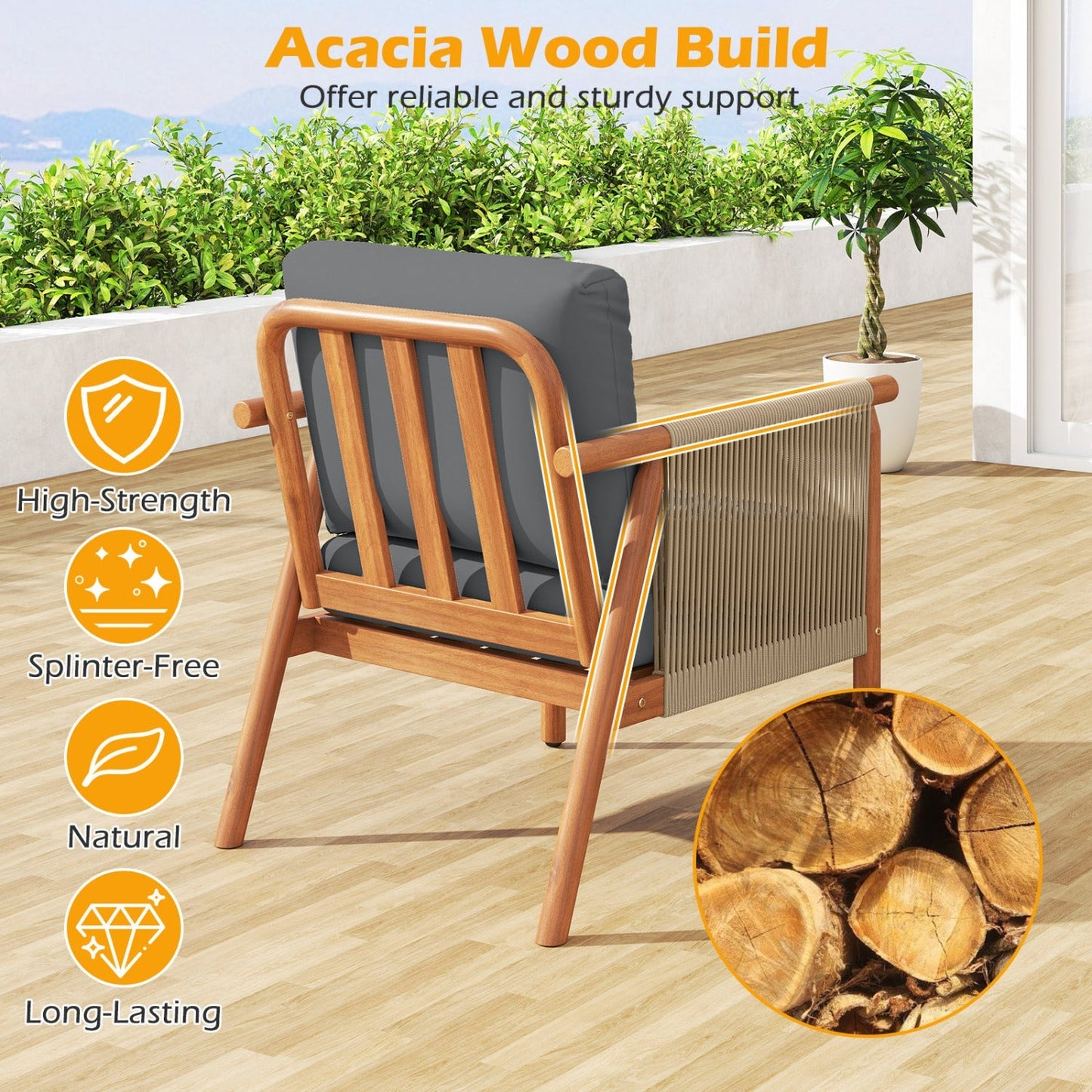 Patio Acacia Wood Chair with Woven Rope Armrests and Seat Back Cushions for Backyard