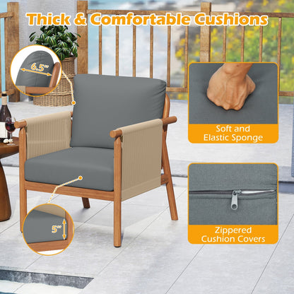 Patio Acacia Wood Chair with Woven Rope Armrests and Seat Back Cushions for Backyard