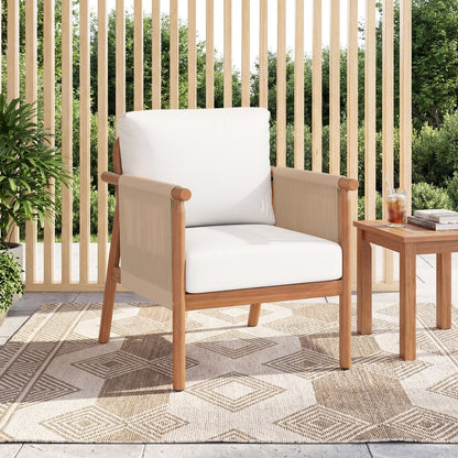 Patio Acacia Wood Chair with Woven Rope Armrests and Seat Back Cushions for Backyard