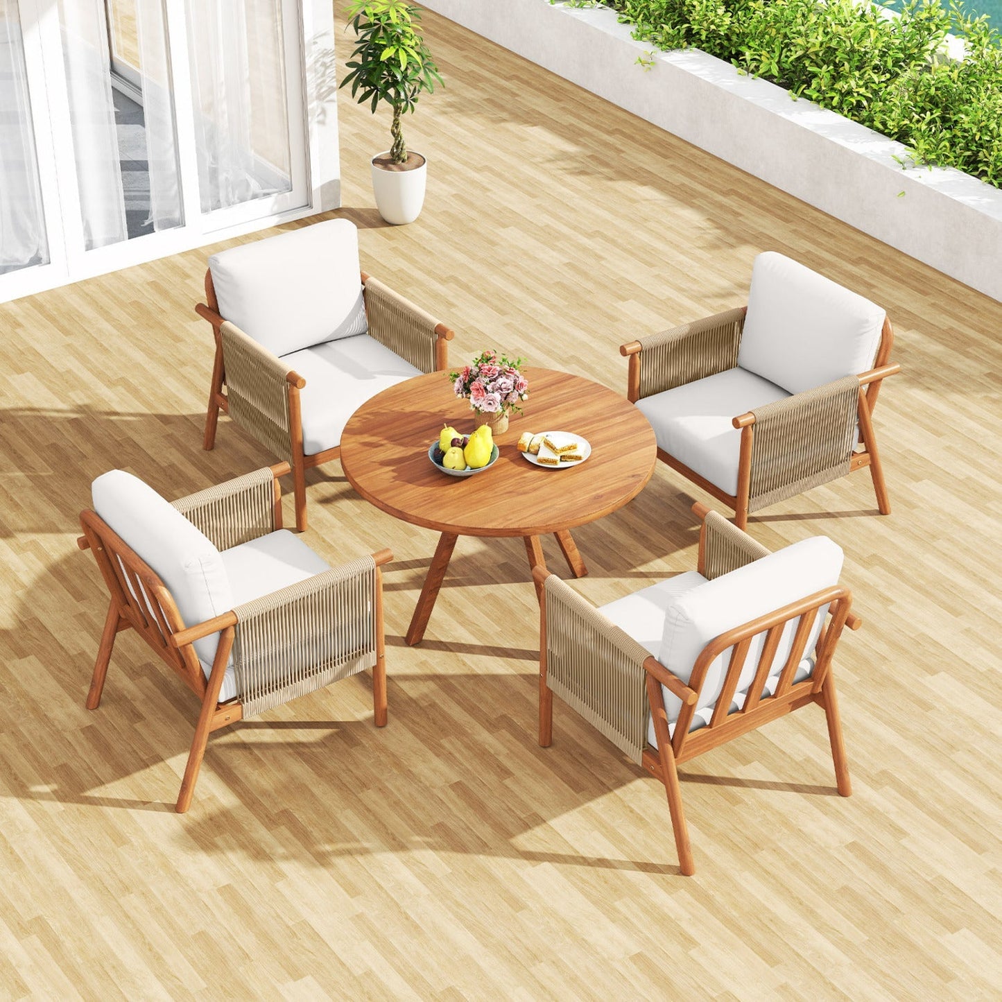 Patio Acacia Wood Chair with Woven Rope Armrests and Seat Back Cushions for Backyard