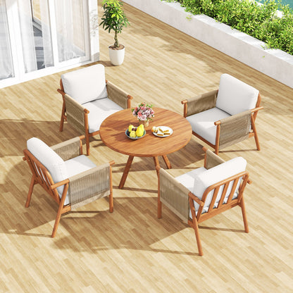 Patio Acacia Wood Chair with Woven Rope Armrests and Seat Back Cushions for Backyard