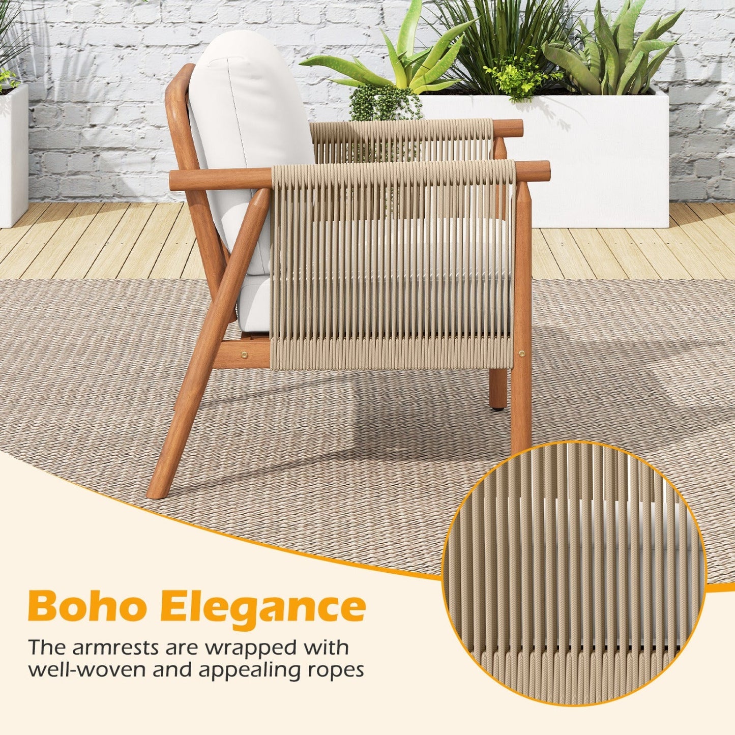 Patio Acacia Wood Chair with Woven Rope Armrests and Seat Back Cushions for Backyard