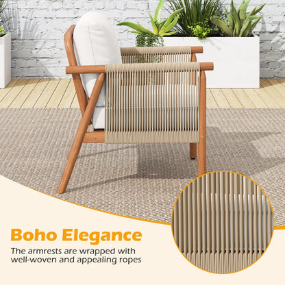 Patio Acacia Wood Chair with Woven Rope Armrests and Seat Back Cushions for Backyard
