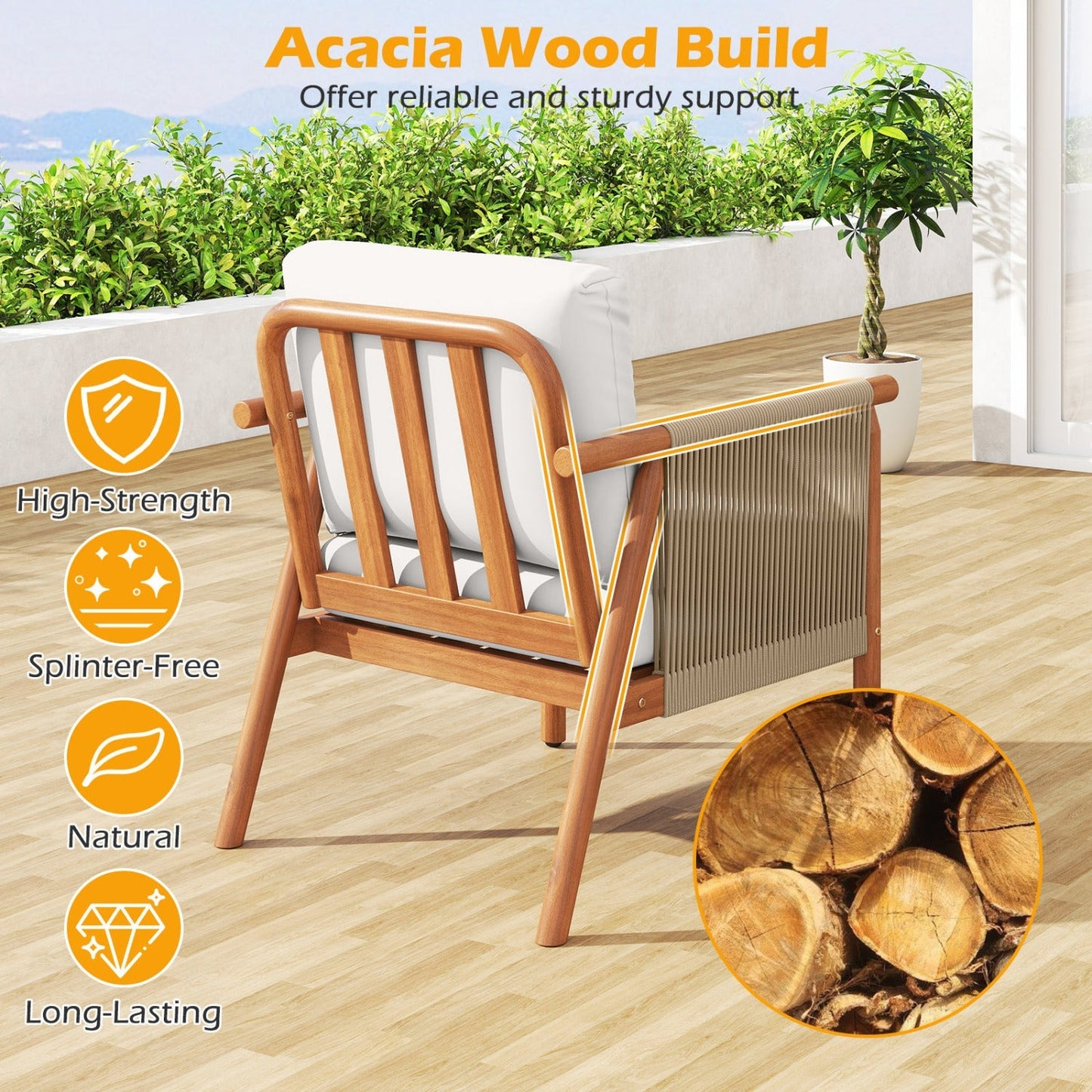 Patio Acacia Wood Chair with Woven Rope Armrests and Seat Back Cushions for Backyard
