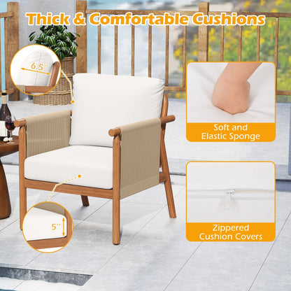 Patio Acacia Wood Chair with Woven Rope Armrests and Seat Back Cushions for Backyard