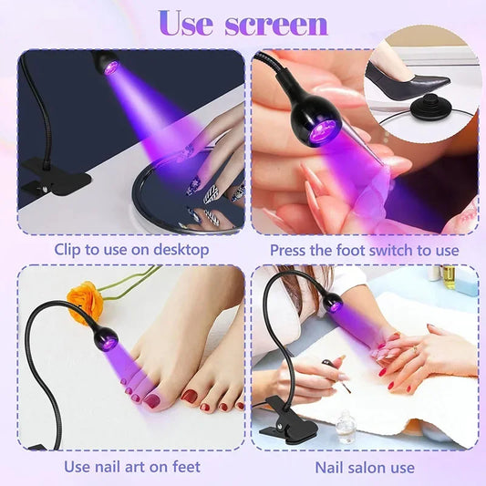 UV LED Nail Lamp 5W Nail Drying Lamp Adjustable Head Design Desktop Clip-On Nail Curing Lamp with Foot Switch