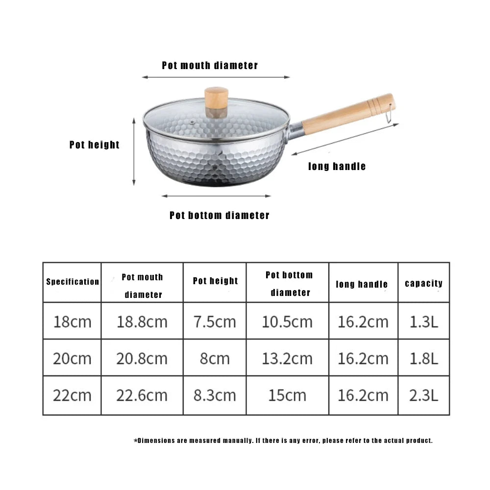 430 Stainless Steel Soup Pot Japanese Snow Pan Frying Wok Wooden Handle Stew Saucepan Milk Pot Kitchen Utensils Kitchen Cookware