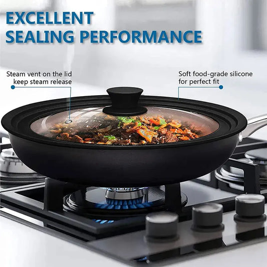 Multi Size Universal Lid for Pots Pans Cookware Tempered Glass Lid for Skillets with Silicone Rim Replacement Lid for Frying Pan