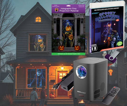 HoliScapes® USB Projector Kit - Spooky Halloween Hollusion Vol. 2 + Projector + 5.5 ft x 9 ft Projection Screen